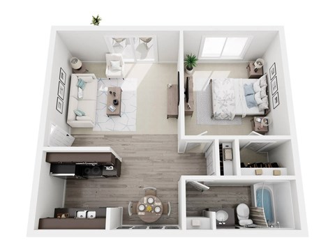 A top-down view of a small apartment with a kitchen, living room, and bedroom.